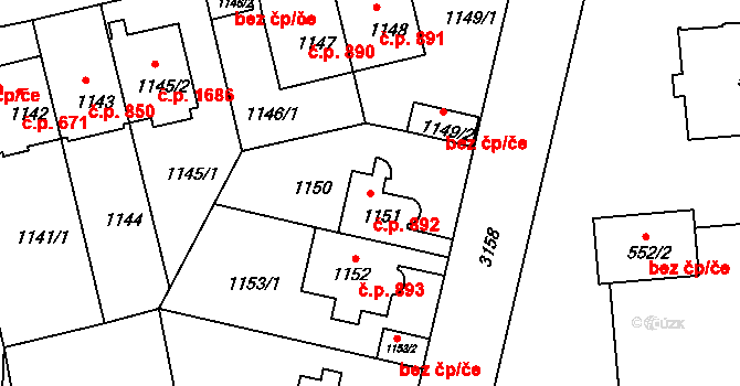 Braník 892, Praha na parcele st. 1151 v KÚ Braník, Katastrální mapa