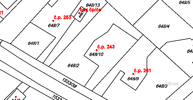 Ráj 243, Karviná na parcele st. 648/10 v KÚ Ráj, Katastrální mapa
