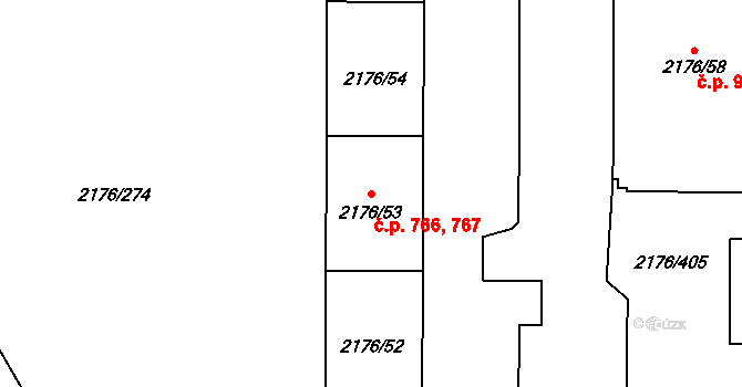 Skvrňany 766,767, Plzeň na parcele st. 2176/53 v KÚ Skvrňany, Katastrální mapa