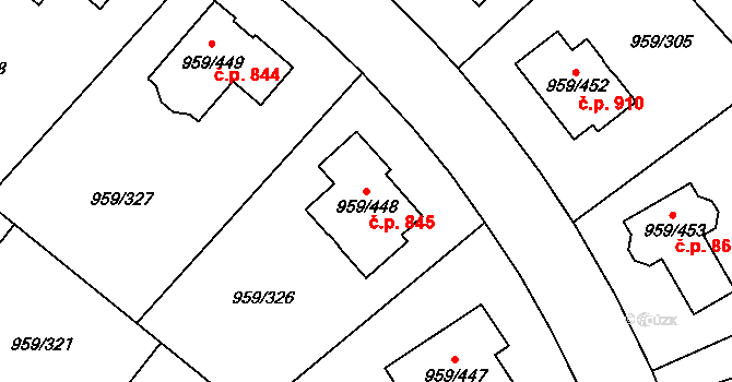 Průhonice 845 na parcele st. 959/448 v KÚ Průhonice, Katastrální mapa