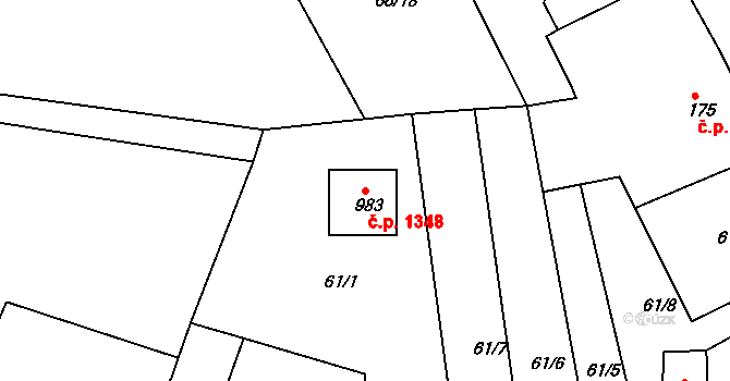 Rudná 1348 na parcele st. 983 v KÚ Hořelice, Katastrální mapa