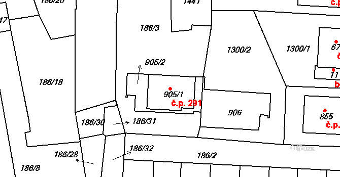 Háje 291, Cheb na parcele st. 905/1 v KÚ Háje u Chebu, Katastrální mapa