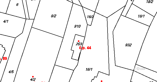 Libošovice 44 na parcele st. 203 v KÚ Libošovice, Katastrální mapa