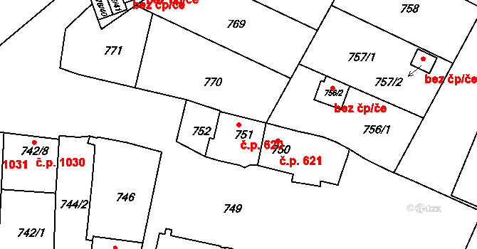 Jemnice 620 na parcele st. 751 v KÚ Jemnice, Katastrální mapa