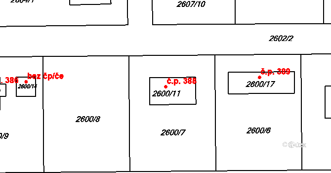 Cihelny 388, Jaroměř na parcele st. 2600/11 v KÚ Jaroměř, Katastrální mapa