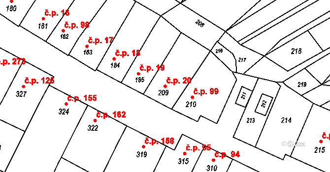 Milešovice 20 na parcele st. 209 v KÚ Milešovice, Katastrální mapa