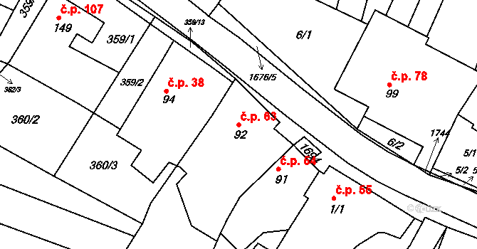 Jestřabí 63 na parcele st. 92 v KÚ Jestřabí nad Vláří, Katastrální mapa