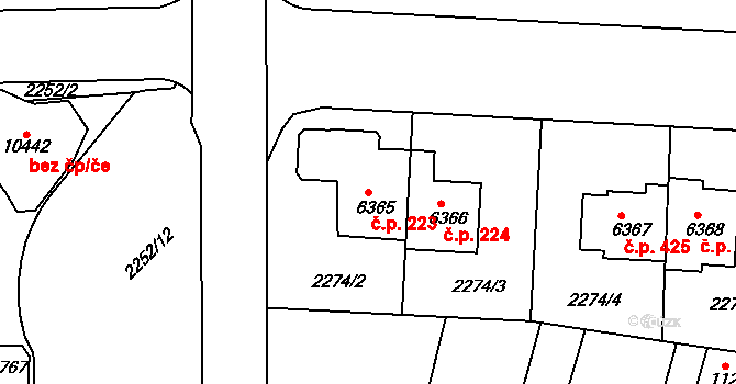 Zelené Předměstí 223, Pardubice na parcele st. 6365 v KÚ Pardubice, Katastrální mapa