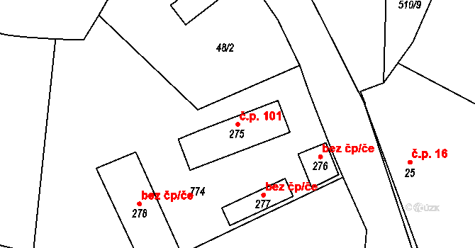 Jizbice 101 na parcele st. 275 v KÚ Jizbice u Nymburka, Katastrální mapa