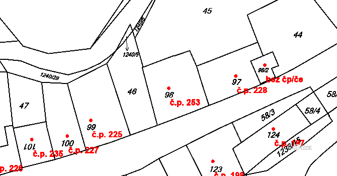 Vlachovo Březí 253 na parcele st. 98 v KÚ Vlachovo Březí, Katastrální mapa
