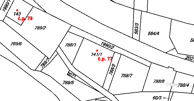 Březín 77, Nečtiny na parcele st. 141/1 v KÚ Březín, Katastrální mapa