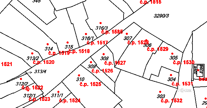 Kroměříž 1527 na parcele st. 308 v KÚ Kroměříž, Katastrální mapa