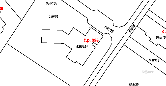 Rozdrojovice 358 na parcele st. 638/151 v KÚ Rozdrojovice, Katastrální mapa