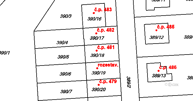 Hrdějovice 481 na parcele st. 390/18 v KÚ Hrdějovice, Katastrální mapa