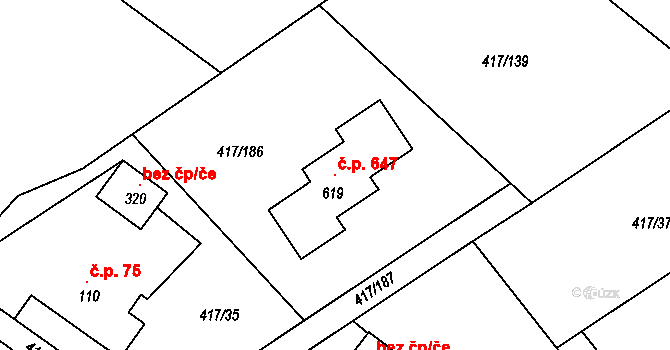 Lubina 647, Kopřivnice na parcele st. 619 v KÚ Drnholec nad Lubinou, Katastrální mapa