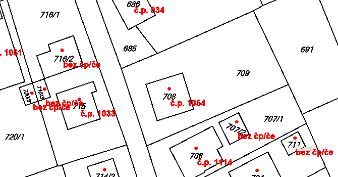 Bystřice 1054 na parcele st. 708 v KÚ Bystřice nad Olší, Katastrální mapa