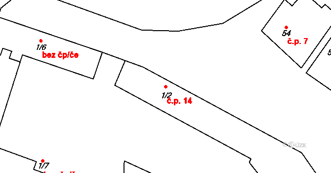 Hospozín 14 na parcele st. 1/2 v KÚ Hospozín, Katastrální mapa