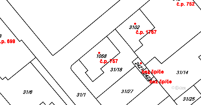 Veselí nad Moravou 757 na parcele st. 1058 v KÚ Veselí-Předměstí, Katastrální mapa