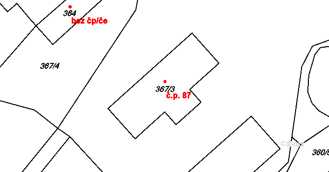 Halámky 87 na parcele st. 367/3 v KÚ Halámky, Katastrální mapa