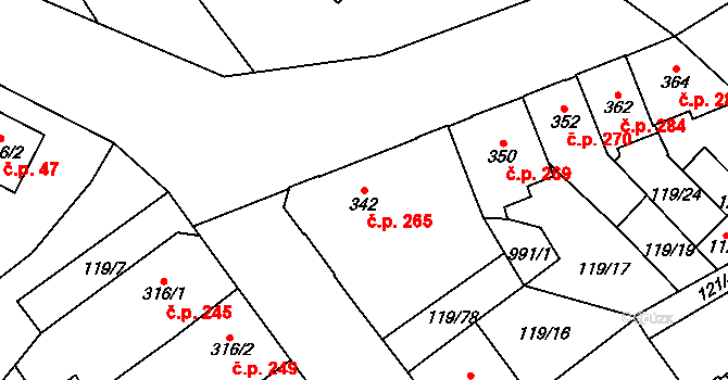 Košťany 265 na parcele st. 342 v KÚ Košťany, Katastrální mapa
