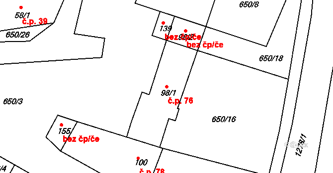Vážany 76 na parcele st. 98/1 v KÚ Vážany u Boskovic, Katastrální mapa