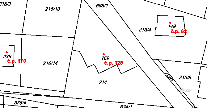Libotenice 128 na parcele st. 169 v KÚ Libotenice, Katastrální mapa