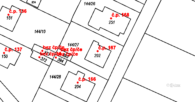 Travčice 167 na parcele st. 202 v KÚ Travčice, Katastrální mapa