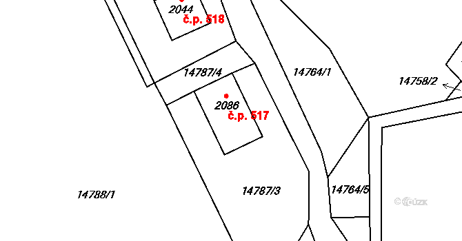 Hovězí 517 na parcele st. 2086 v KÚ Hovězí, Katastrální mapa