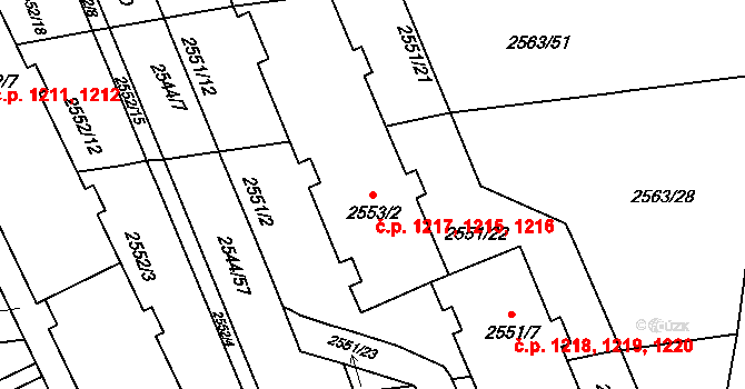 Valašské Meziříčí 1215,1216,1217 na parcele st. 2553/2 v KÚ Valašské Meziříčí-město, Katastrální mapa