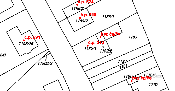 Proboštov 313 na parcele st. 1182/1 v KÚ Proboštov u Teplic, Katastrální mapa