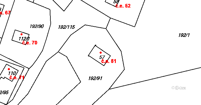 Mradice 51, Postoloprty na parcele st. 57 v KÚ Mradice, Katastrální mapa