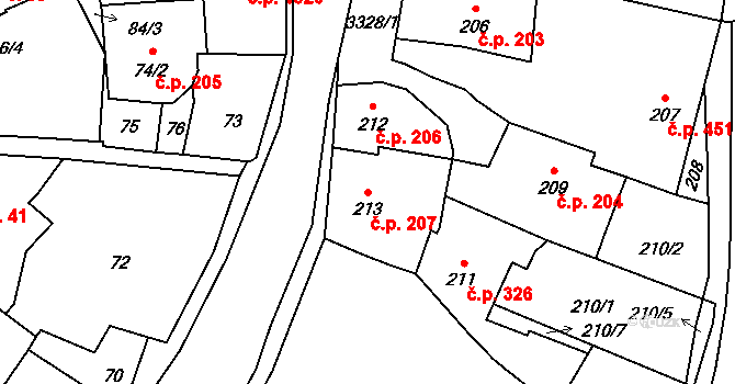 Pelhřimov 207 na parcele st. 213 v KÚ Pelhřimov, Katastrální mapa