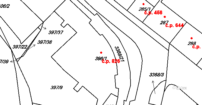 Pelhřimov 826 na parcele st. 396/1 v KÚ Pelhřimov, Katastrální mapa