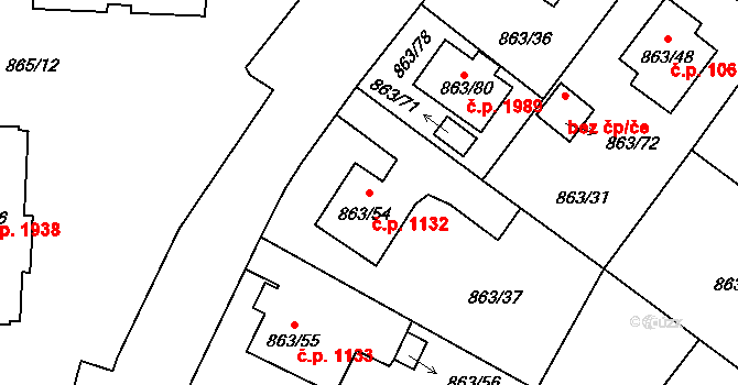 Pelhřimov 1132 na parcele st. 863/54 v KÚ Pelhřimov, Katastrální mapa