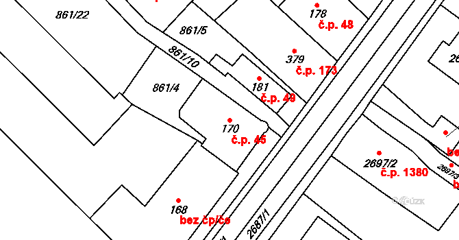 Daliměřice 45, Turnov na parcele st. 170 v KÚ Daliměřice, Katastrální mapa