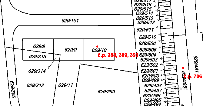 Letňany 388,389,390, Praha na parcele st. 629/10 v KÚ Letňany, Katastrální mapa