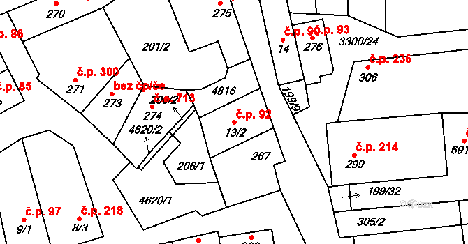 Hroznová Lhota 92 na parcele st. 13/2 v KÚ Hroznová Lhota, Katastrální mapa