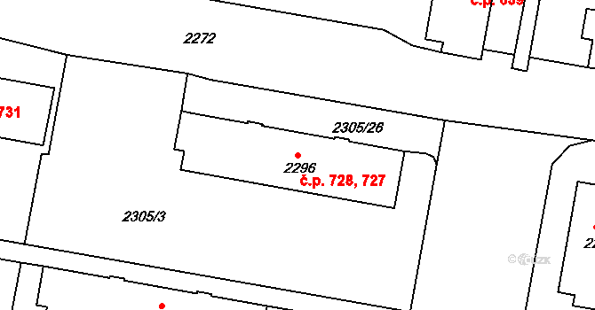 České Budějovice 3 727,728, České Budějovice na parcele st. 2296 v KÚ České Budějovice 3, Katastrální mapa