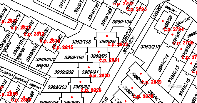 Česká Lípa 2831 na parcele st. 3969/90 v KÚ Česká Lípa, Katastrální mapa