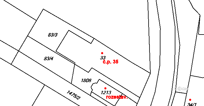Plotiště nad Labem 35, Hradec Králové na parcele st. 33 v KÚ Plotiště nad Labem, Katastrální mapa
