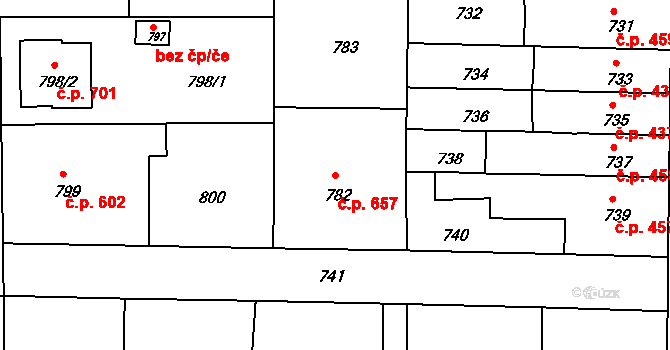 Střelice 657 na parcele st. 782 v KÚ Střelice u Brna, Katastrální mapa
