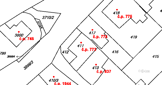 Fryštát 773, Karviná na parcele st. 411 v KÚ Karviná-město, Katastrální mapa