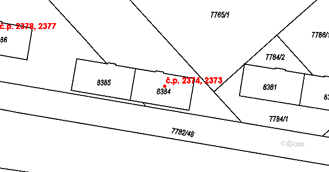 Jižní Předměstí 2373,2374, Plzeň na parcele st. 8384 v KÚ Plzeň, Katastrální mapa