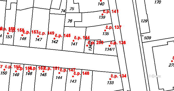 Čechovice 253, Prostějov na parcele st. 134/2 v KÚ Čechovice u Prostějova, Katastrální mapa