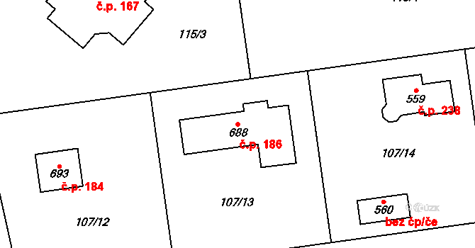 Libeř 186 na parcele st. 688 v KÚ Libeř, Katastrální mapa