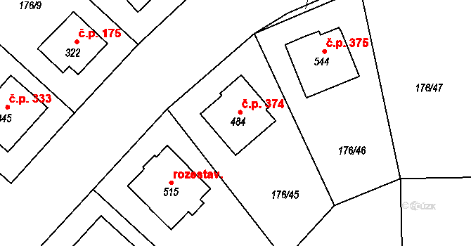 Dobronín 374 na parcele st. 484 v KÚ Dobronín, Katastrální mapa