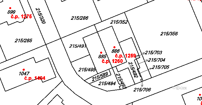Rudná 1260 na parcele st. 885 v KÚ Hořelice, Katastrální mapa
