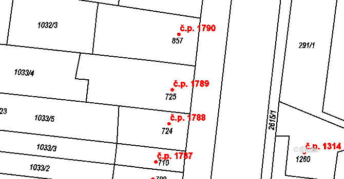 Nový Bydžov 1789 na parcele st. 725 v KÚ Nový Bydžov, Katastrální mapa