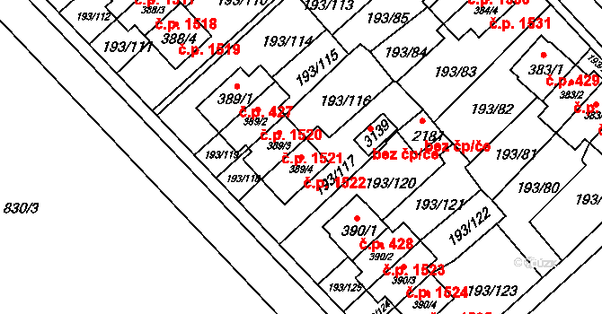 Sezimovo Ústí 1522 na parcele st. 389/4 v KÚ Sezimovo Ústí, Katastrální mapa