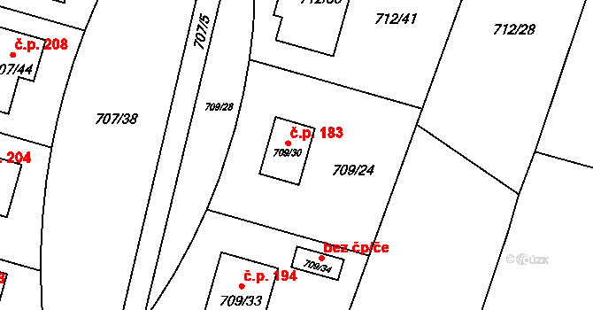 Těšetice 183 na parcele st. 709/30 v KÚ Těšetice u Znojma, Katastrální mapa